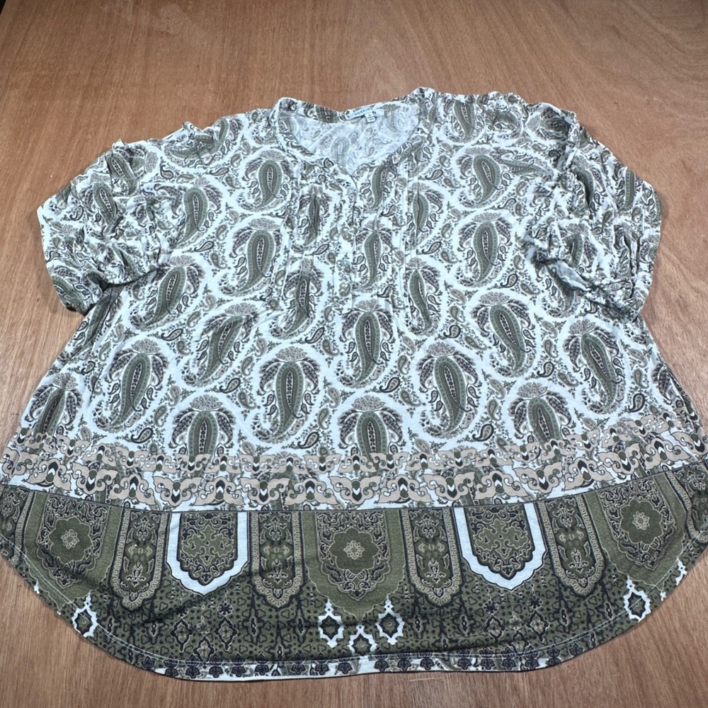 Rose + Olive Womens 1X Paisley Boho Peasant Blouse Olive Green 3/4 Sleeve